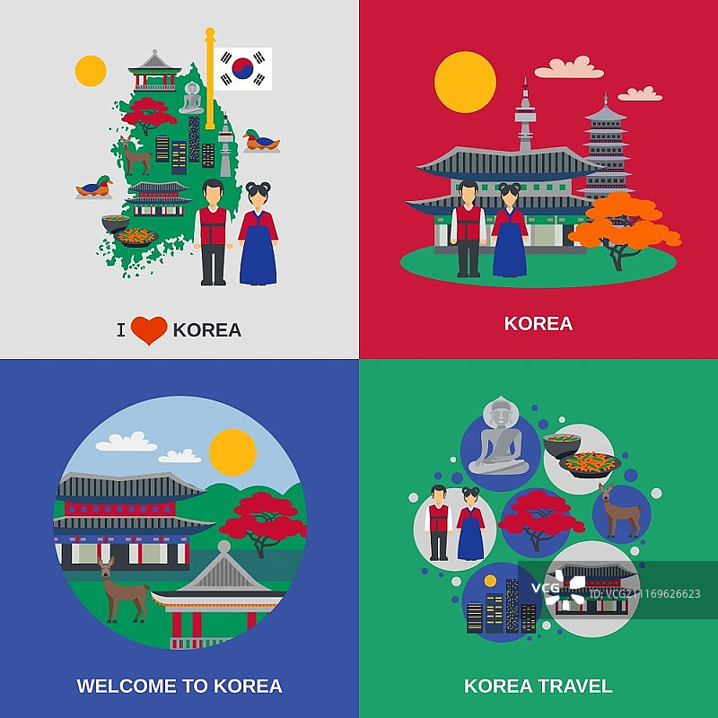 韩国文化扁平风正方形4图标。为旅行者准备的韩国文化，包含传统食物和观光景点的4个扁平风正方形抽象隔离矢量插图图片素材