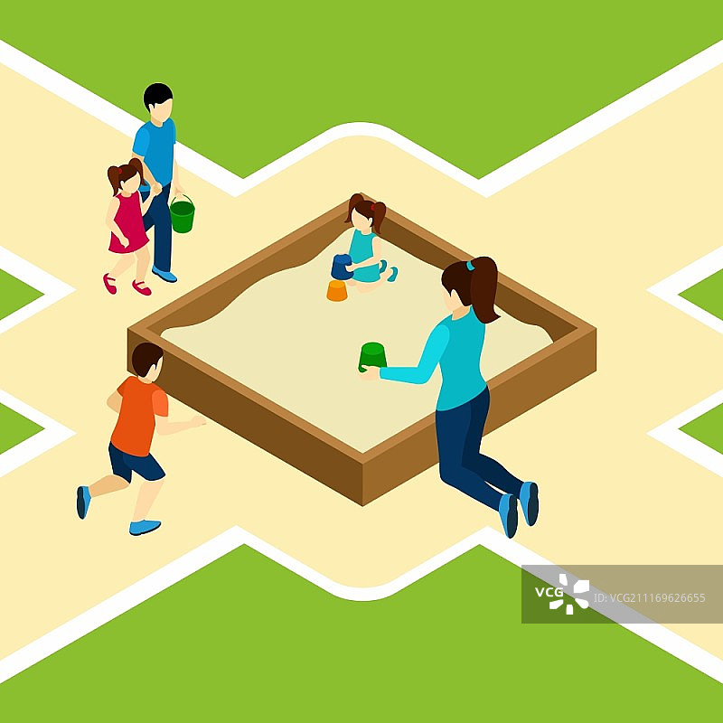 游乐场玩耍插画：儿童和成人2.5D矢量图图片素材