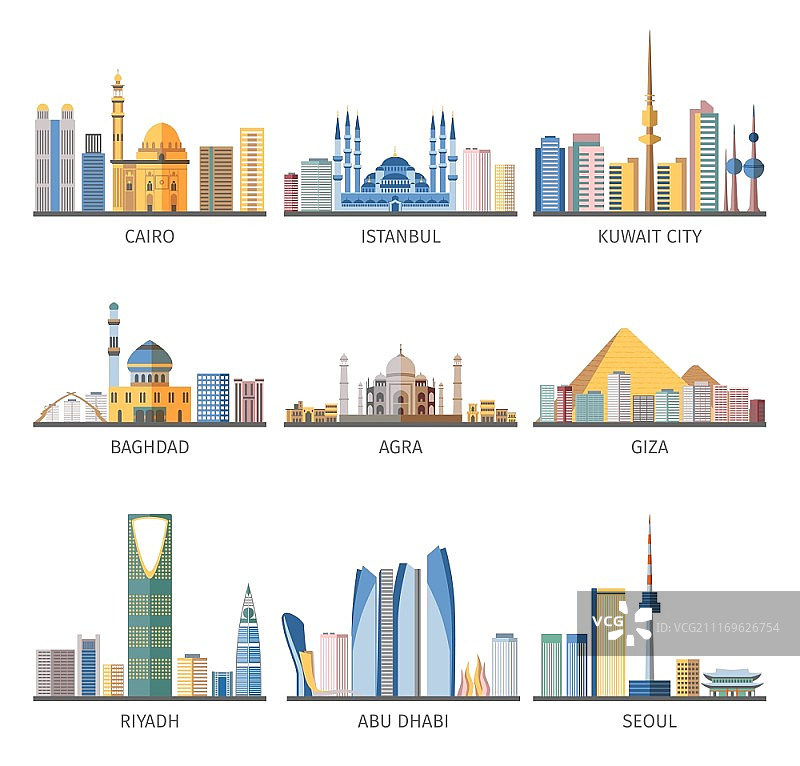 东方城市地标扁平风格图标合集：具有现代和历史地标独特建筑的东方首都城市景观扁平风格图标合集抽象孤立矢量图图片素材