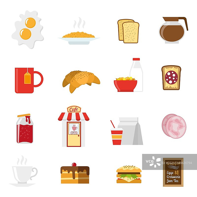 早餐图标集：包含三明治、牛奶和咖啡的扁平风早餐图标矢量素材图片素材