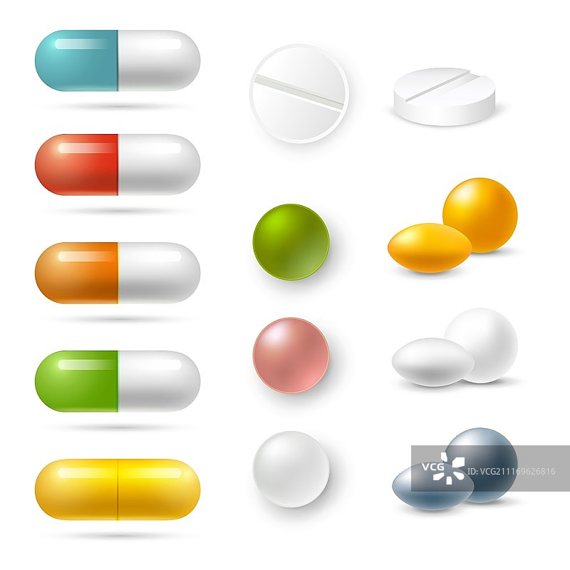 药丸图标集。不同颜色的逼真药丸和颗粒图标集隔离矢量图图片素材