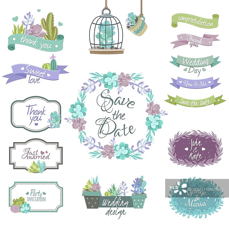 仙人掌设计元素集。用于祝贺和婚礼请柬的扁平风格仙人掌设计元素矢量图图片素材