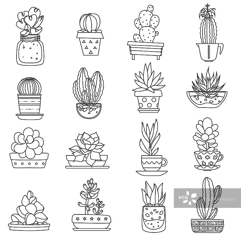 仙人掌线性图标集：不同类型的多肉植物扁平风黑白线性图标集矢量图图片素材