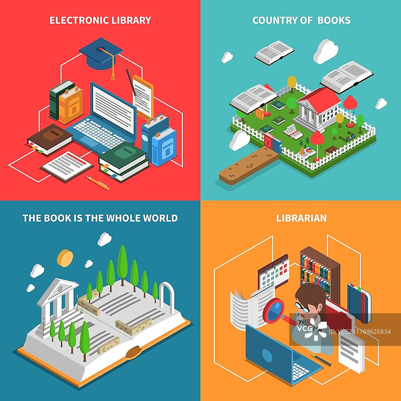 书籍世界等距图标：包含电子图书馆和图书管理员图片素材