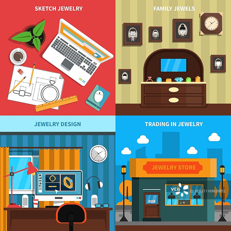 珠宝概念图标集：家庭珠宝与速写符号，扁平风矢量图图片素材