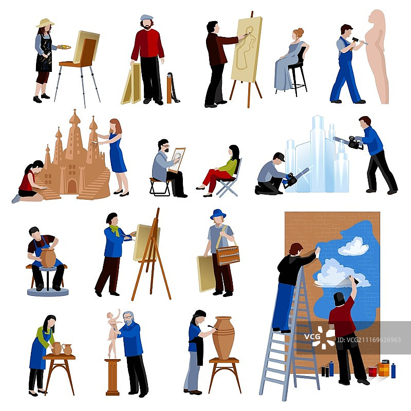 创意职业人物图标集：艺术家、画家、雕塑家等矢量插画图片素材