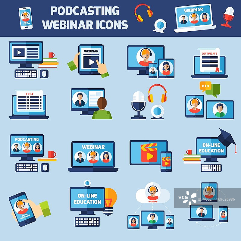 播客和网络研讨会图标集，播客和在线网络研讨会教育扁平图标集隔离矢量插图图片素材