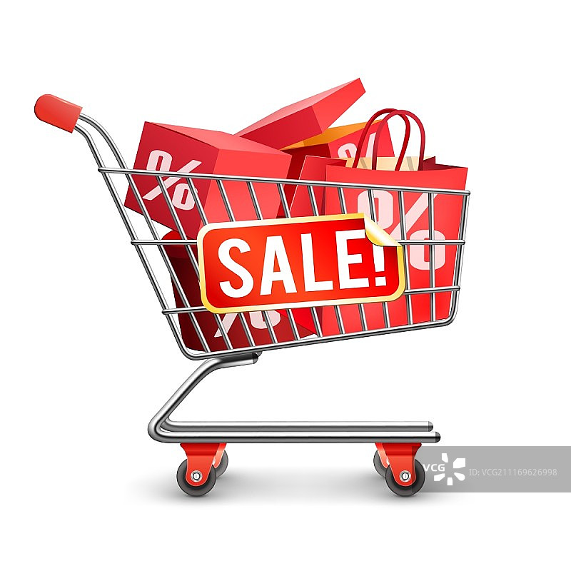 促销满载购物车红色象形图。自助百货商店购物车，满载红色折扣盒子的季节性促销扁平矢量图示图片素材