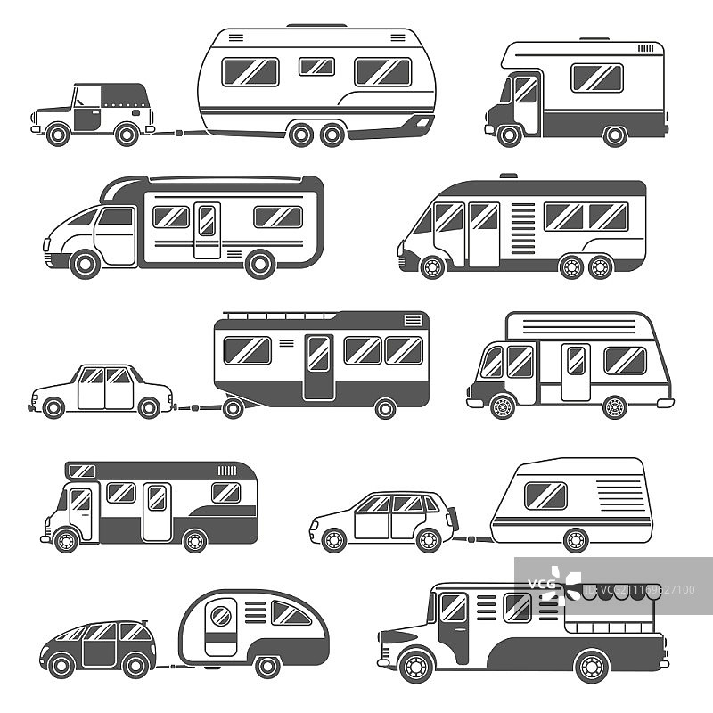 房车黑白图标集。带有拖车和平板汽车的房车黑白图标集矢量图示图片素材