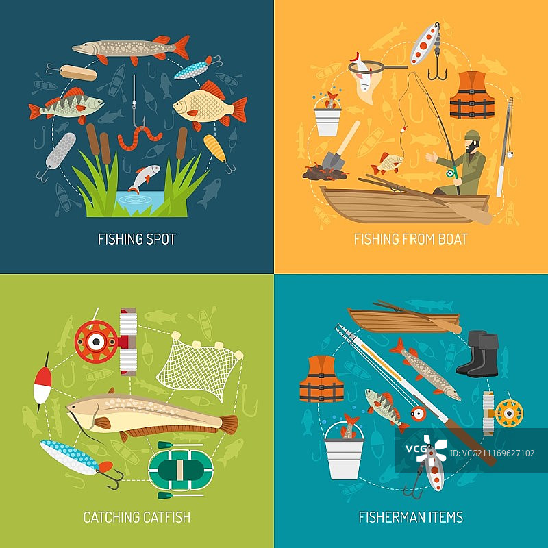钓鱼概念图标集，包含船钓和鲶鱼符号的扁平矢量图图片素材