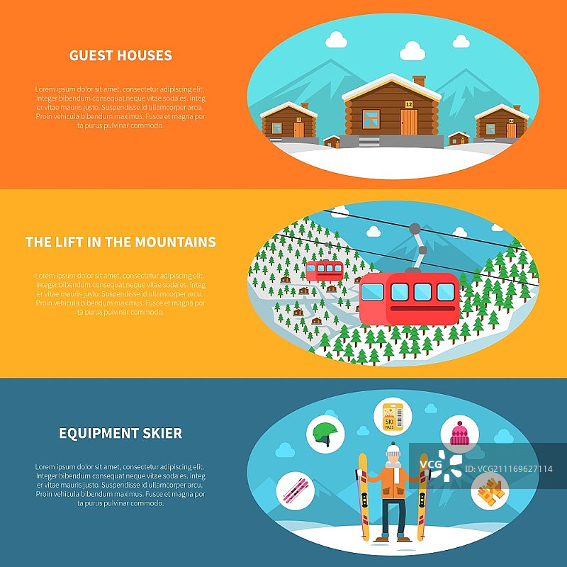 冬季运动banner合集：滑雪装备与山间小屋横幅矢量素材图片素材