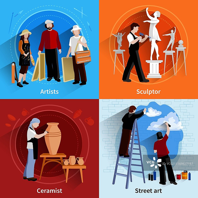 陶艺家、画家、雕塑家2x2图集：艺术家、雕塑家、陶艺家和街头艺术画家矢量图图片素材