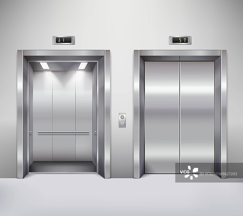 电梯门插画，开启和关闭的金属电梯门图片素材