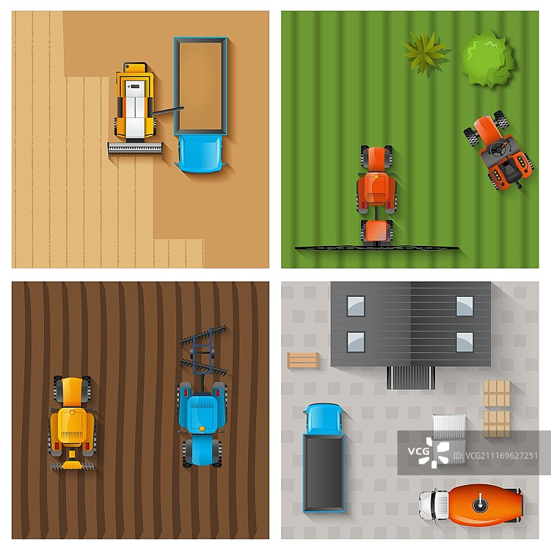 农业工作场景：包含工业机械顶视图标的农业工作设计概念图片素材