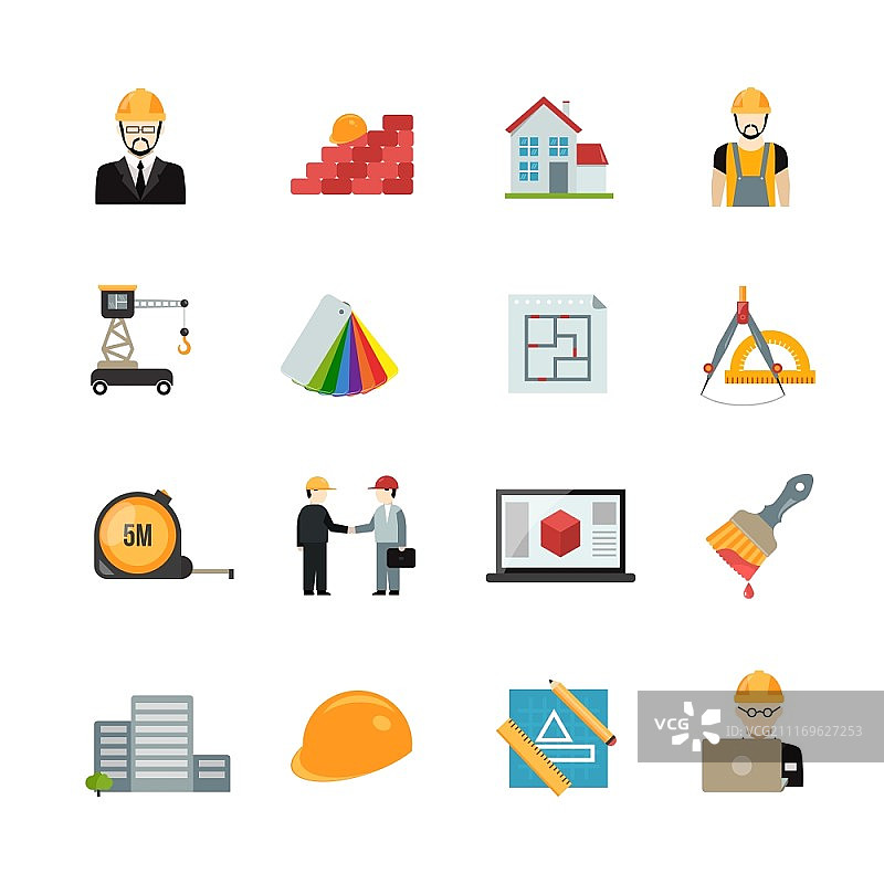 建筑师图标集：包含房屋建筑设备的建筑师扁平图标矢量图图片素材