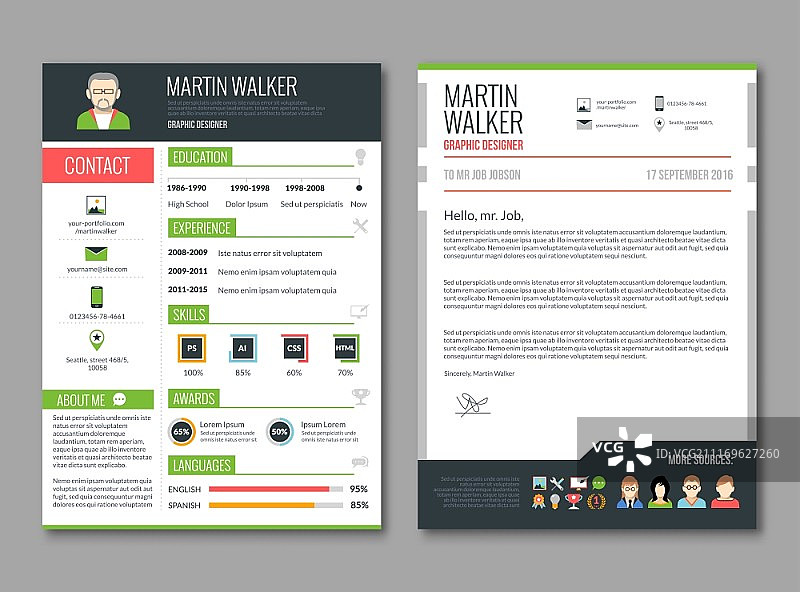 简历排版模板，包含求职者教育和工作经验的简历信息矢量图图片素材