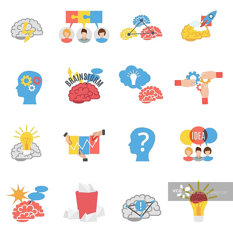 头脑风暴创意扁平图标集：包含人头、灯泡等元素的创意图标图片素材