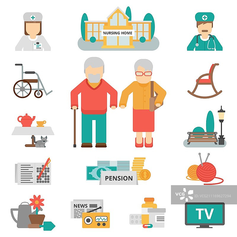 老年人生活方式扁平图标集：包含老年夫妇、疗养院和休闲活动用品等元素的彩色矢量图图片素材
