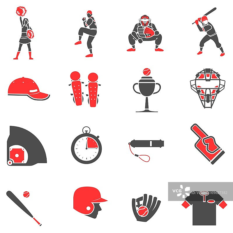 棒球扁平图标集。包含运动器材符号的棒球红黑扁平图标集，独立矢量图图片素材