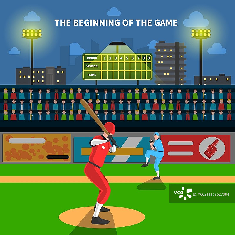 棒球比赛插画：运动员在球场上和球迷的棒球比赛概念矢量图图片素材