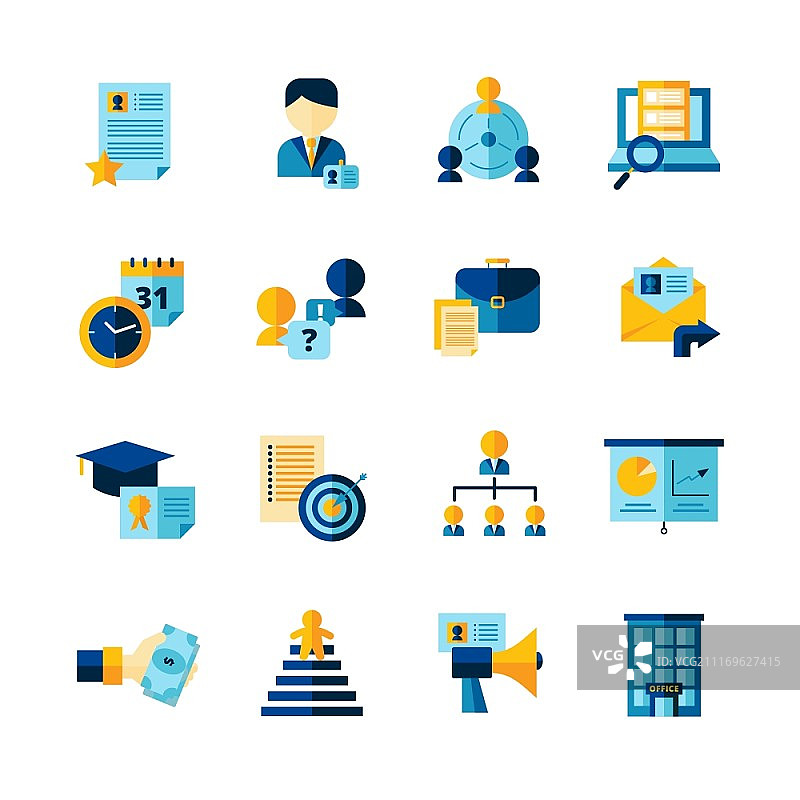 简历扁平彩色装饰图标集：寻找专业人员、面试和职业发展的简历扁平彩色装饰图标集，独立矢量图图片素材