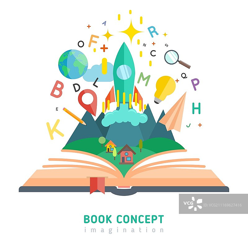 书籍概念插画与扁平风格的想象力和教育符号矢量图图片素材