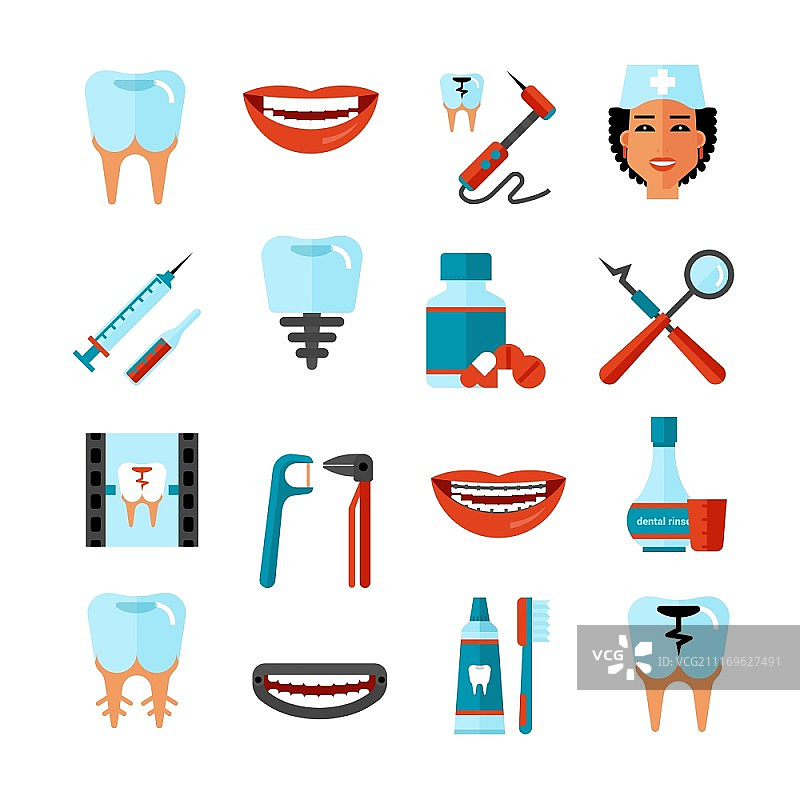 牙科护理图标集：牙科医生工具、牙齿护理产品和洁白笑容符号的扁平装饰图标矢量图图片素材