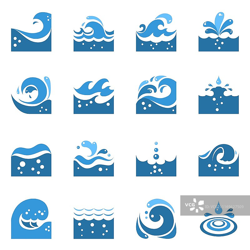 蓝色波浪图标集：带有海浪漩涡和水花飞溅的蓝色波浪扁平图标矢量图图片素材