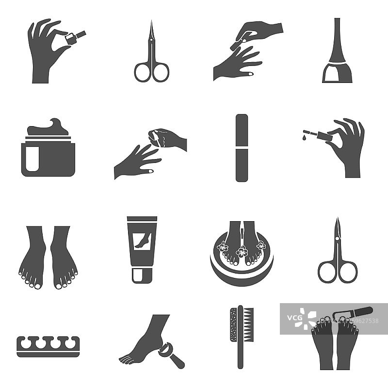 美甲和足疗黑色图标集：包含足部按摩机和指甲油的抽象矢量图图片素材