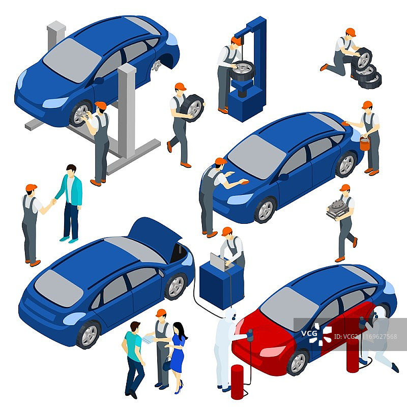 汽车服务概念合集：包含备件和维护符号的等距概念矢量图图片素材