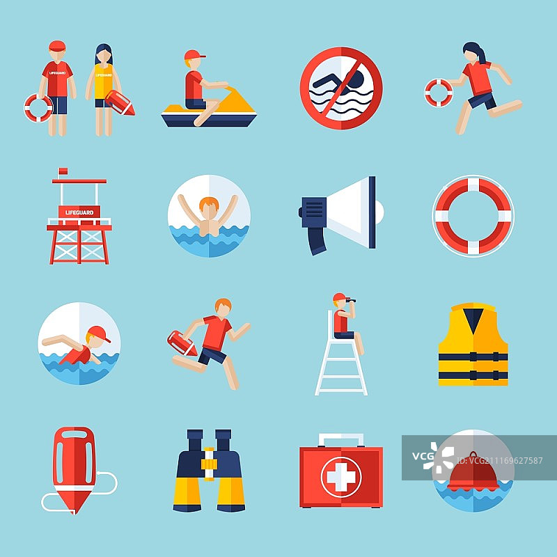 救生员图标集。包含游泳的人和水上救援标志的救生员扁平图标集矢量图图片素材