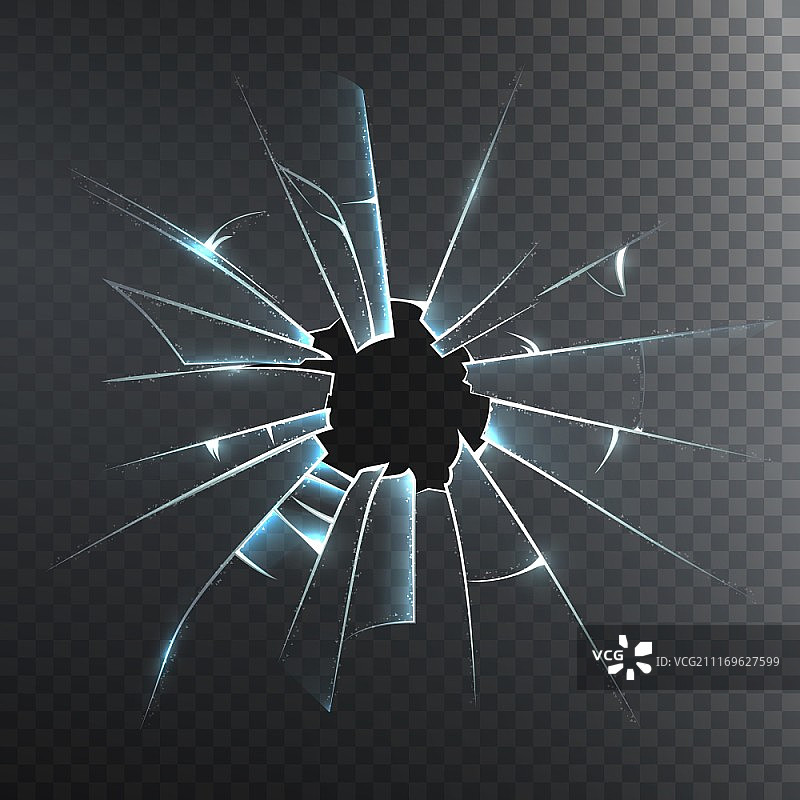 破碎的磨砂玻璃逼真图标。意外破碎的磨砂窗格或前门玻璃逼真装饰深色背景图标矢量图图片素材