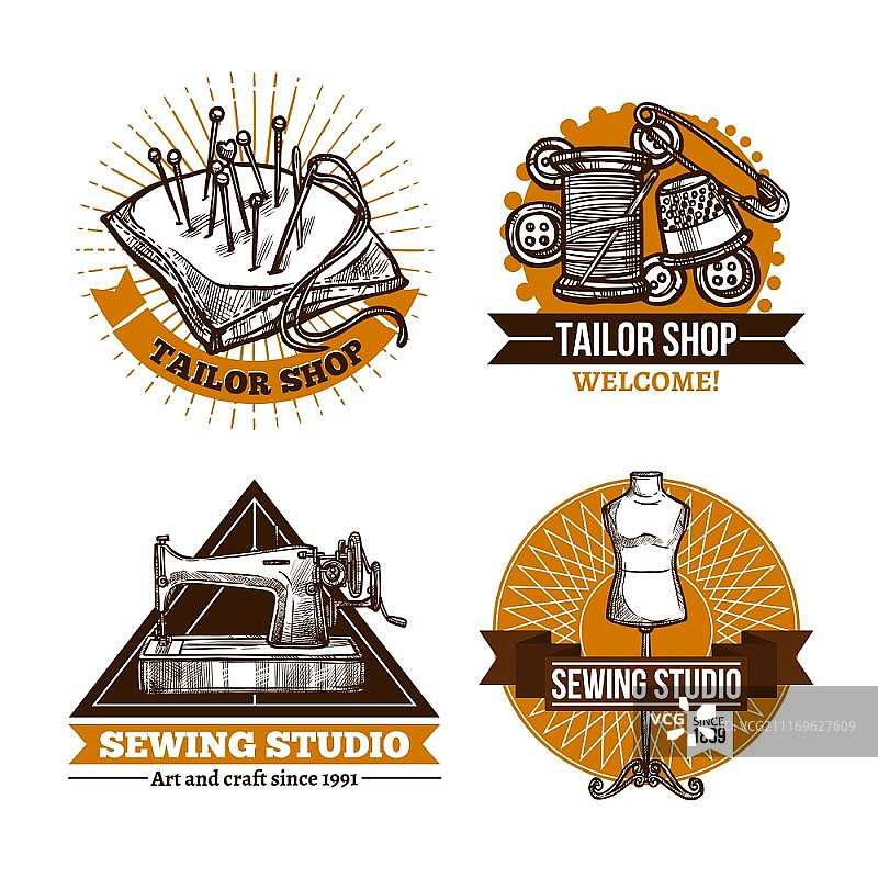 复古风手工缝纫标签矢量素材，含缝纫工具和缎带图片素材