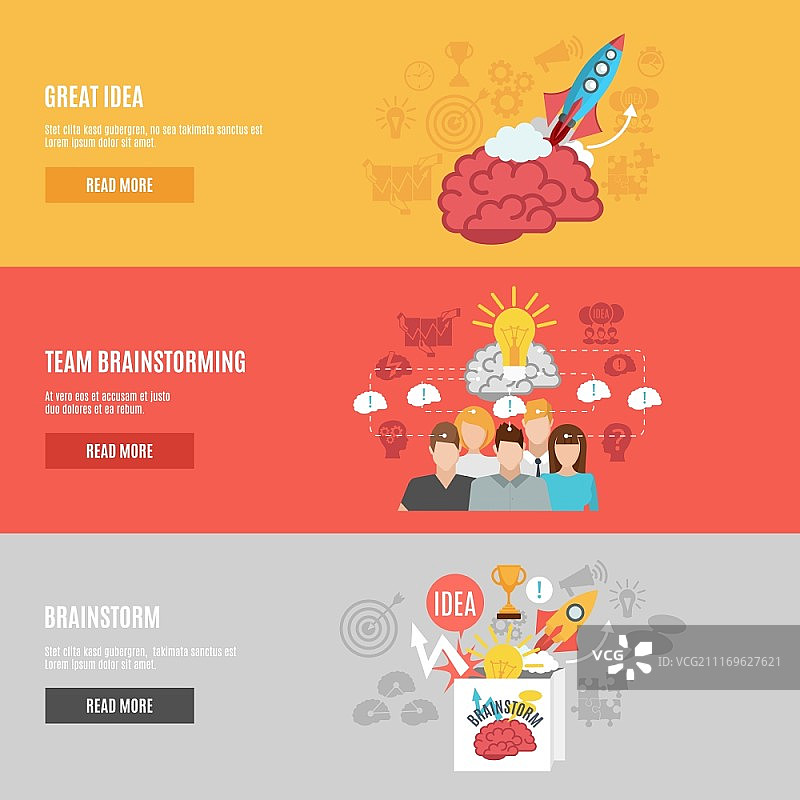 头脑风暴banner横幅套装：包含抽象的创意头脑风暴和团队头脑风暴的图片，扁平矢量图图片素材