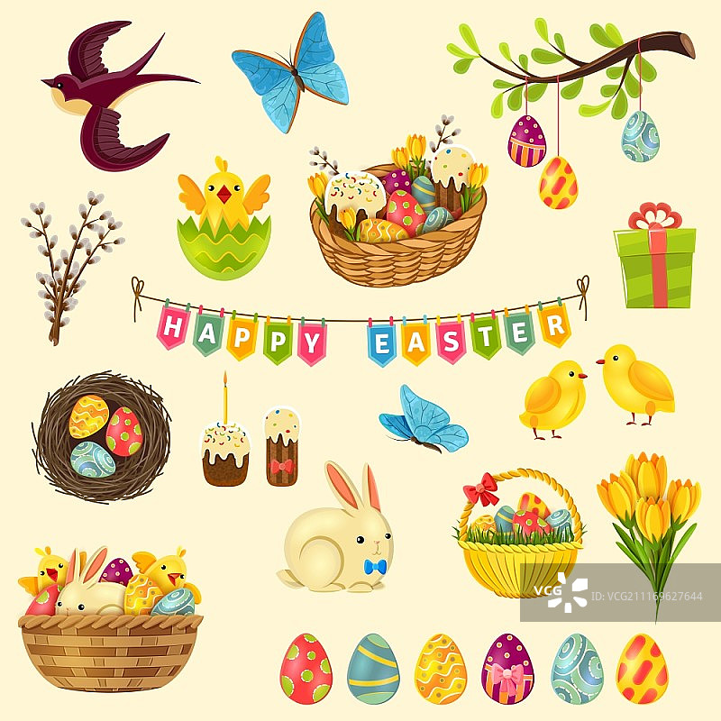 复活节卡通元素：彩蛋、小鸡和蛋糕矢量图图片素材