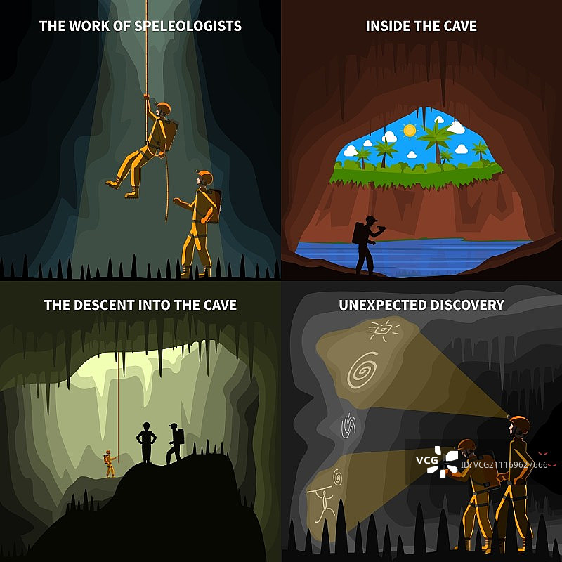 洞穴探险家扁平图标方形横幅：地下洞穴探险扁平图标组合图片素材