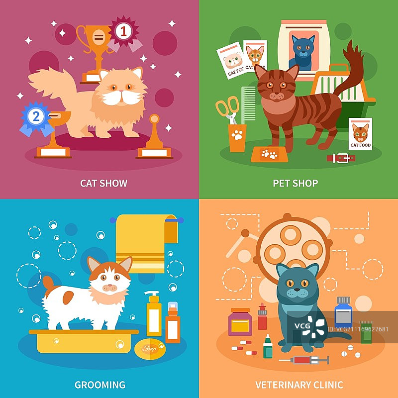 猫咪概念设计：宠物美容和兽医诊所扁平图标图片素材