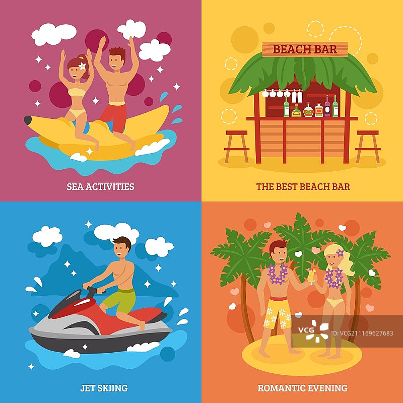 海滩图标集：扁平风格的海洋活动设计概念图片素材