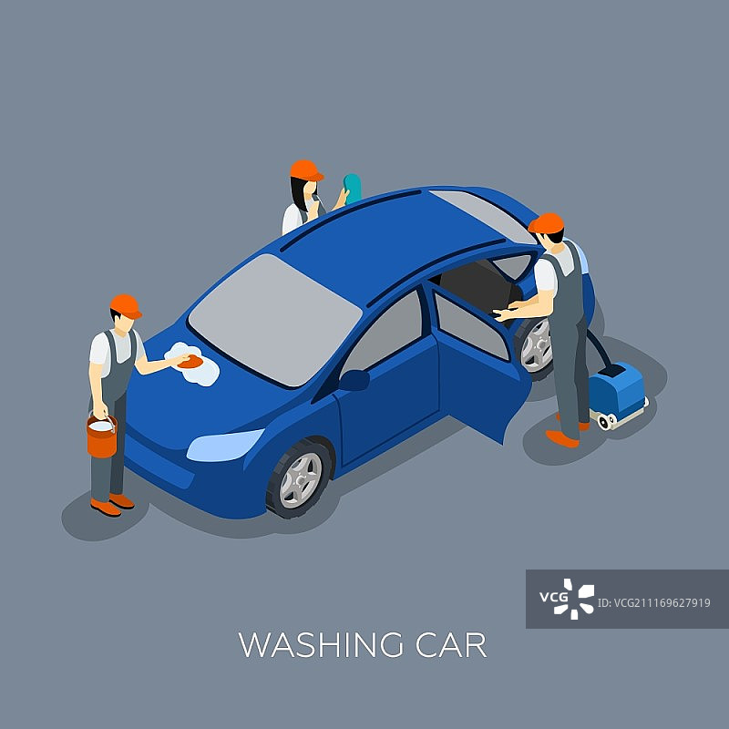 汽车服务团队洗车2.5D banner。汽车服务计划车辆维护技术人员团队清洗车辆2.5D banner抽象矢量图图片素材