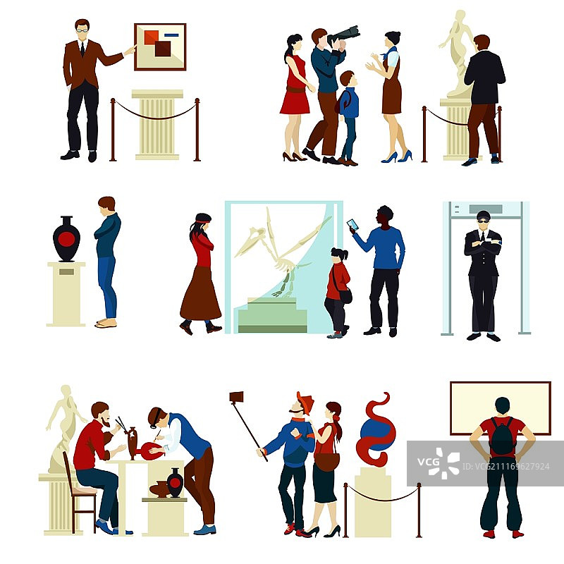 博物馆画廊彩色图标：博物馆画廊中的参观者、管理员、雕塑、绘画和艺术家图片素材