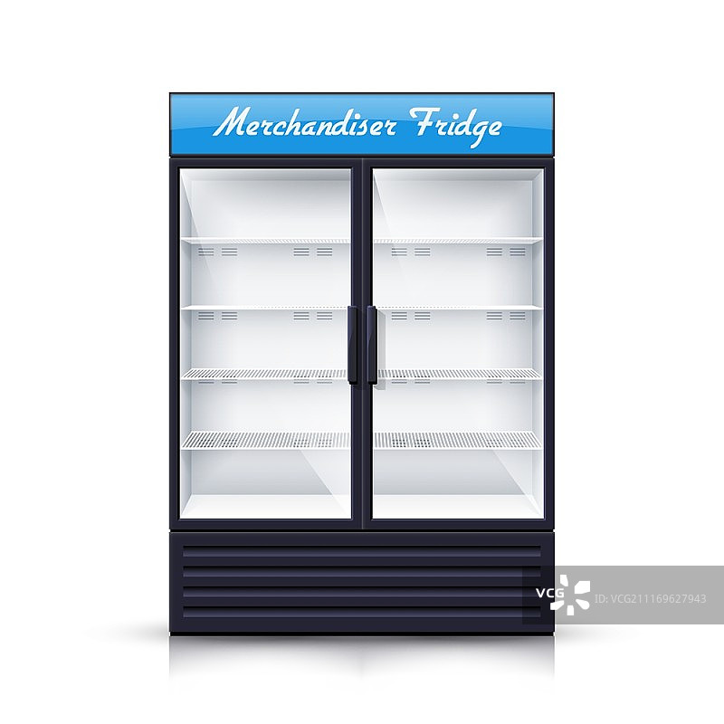 两个面板的空冰箱写实插画，带有两个透明前面板的垂直冷藏箱，用于冷却饮料和产品，隔离写实矢量插画图片素材