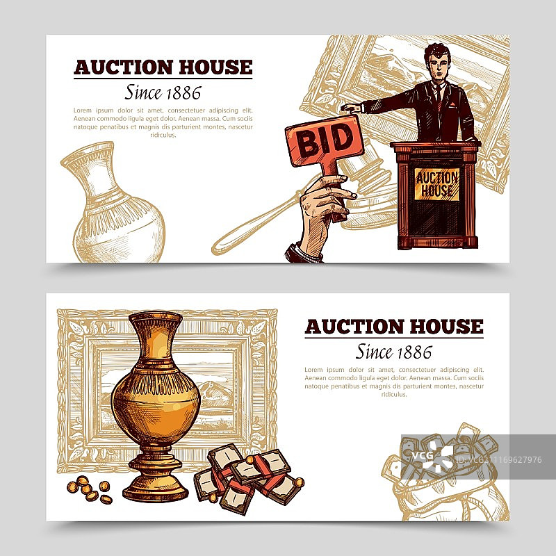 手绘拍卖行banner：拍卖师与珍稀花瓶图片素材
