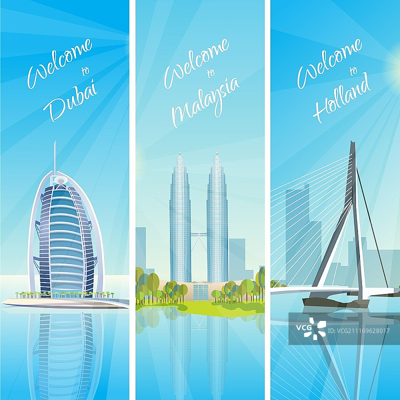 吉隆坡双子塔与鹿特丹港口竖版旅行海报banner图片素材