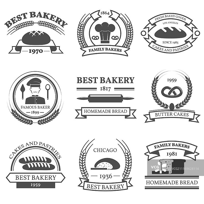 面包房黑白标志集面包和糕点符号扁平隔离矢量插图图片素材