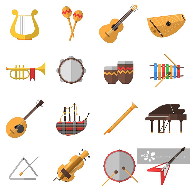 乐器图标集：钢琴、吉他和鼓的扁平风格矢量图图片素材
