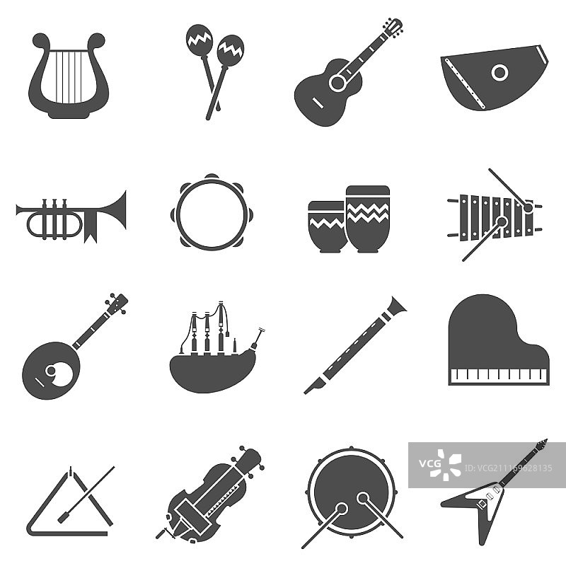 乐器黑白图标集：含长笛和风笛的扁平矢量图图片素材