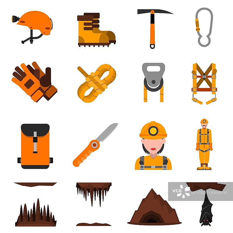 洞穴探险扁平图标集图片素材