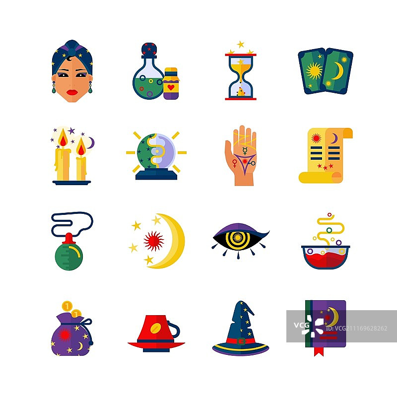 算命先生元素扁平图标集：手相、纸牌与魔法元素抽象矢量插画图片素材
