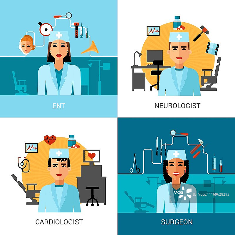 专科医生概念合集，包含耳鼻喉外科医生、心脏病专家和神经科医生的头像，隔离矢量图图片素材
