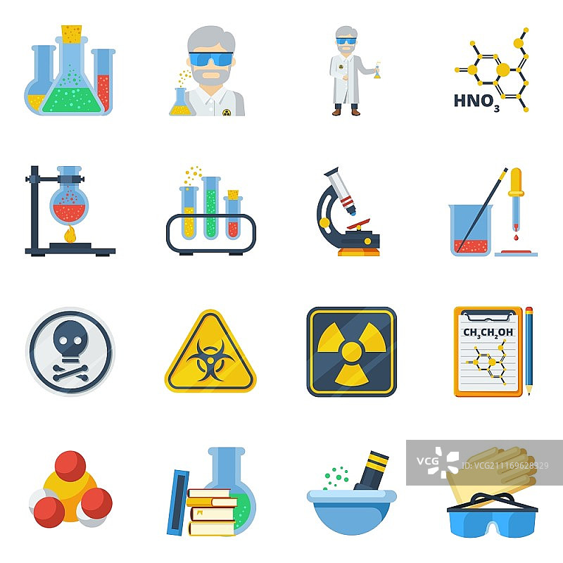 化学扁平彩色图标：包含显微镜、本生灯、通风设备等实验室设备图片素材